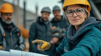 A female construction worker examines blueprints with colleagues on site