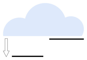 Blue cloud shape with downward arrow pointing towards black horizontal lines. Ideal for data transfer, technology, communication, cloud services, internet, networking, and storage. Abstract line flat