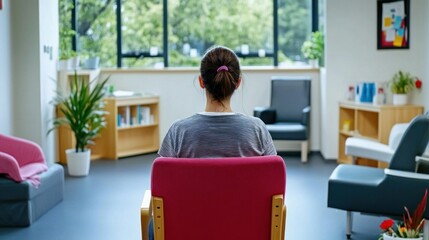 A woman relaxes in a colorful chair, surrounded by cozy furniture and greenery