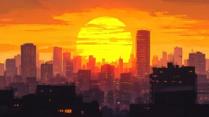golden sunset behind a city skyline, casting long shadows on the buildings and creating a peaceful evening atmosphere