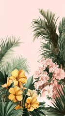 Lush Tropical Floral Arrangement Against a Pale Pink Background