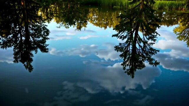 Reflections in a Still Pond - Perfect reflections of trees and sky in a calm, still pond.