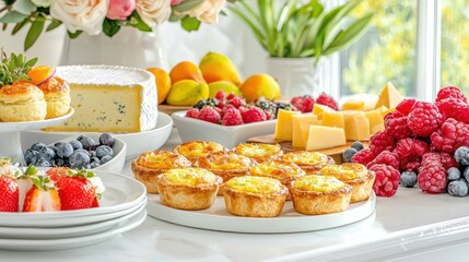 Obraz premium Breakfast and brunch trends. A vibrant display of assorted pastries and fresh fruits on a bright table setting.