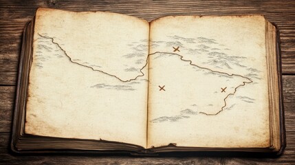 Ancient Treasure Map Book Open on Wooden Table