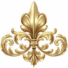 A gold ornamental fleur-de-lis symbol in a floral design, set against a clean white background, creating an elegant and sophisticated aesthetic.