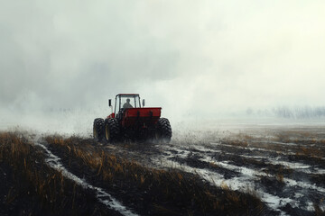 Fototapeta premium Broadcast Spreader Evenly Distributing Lime Across a Field for Consistent Soil Treatment