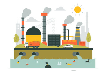 Naklejka premium Water Pollution Vector Illustration Depicting an Environmental Disaster Caused by Industrial Production with a Factory Emitting Smoke Through Chimneys