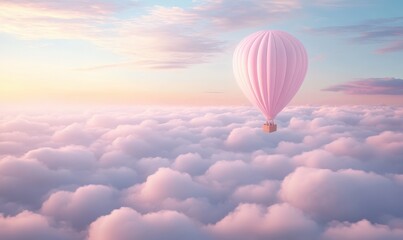 Fototapeta premium At sunrise, pink hot air balloons fly above the clouds