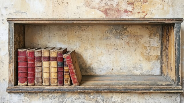Vintage bookshelf displaying old books in various colors and styles