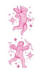 Pink cherub outlines and line art for Valentine's Day with cupid vector. Vector symbol of love and romantic. Antique Angel Baby Cupid illustration for printing on cards, invitations, tattoo