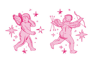 Pink cherub outlines and line art for Valentine's Day with cupid vector. Vector symbol of love and romantic. Antique Angel Baby Cupid illustration for printing on cards, invitations, tattoo