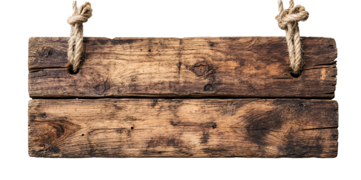 Aged wooden sign hanging from rope. Blank for text. Rustic, vintage style.
