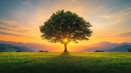 Naklejka premium Solitary tree silhouetted against vibrant sunset, lush green field, and distant mountains. Ideal for nature, peace, tranquility, and hope themes.