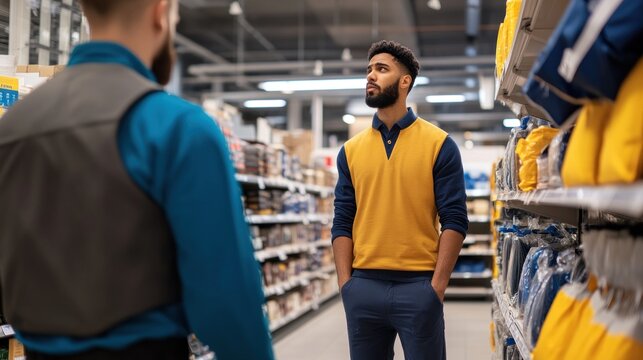 Two men stand in a grocery store aisle discussing items while shopping for groceries - Powered by Adobe