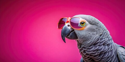 Obraz premium Grey Parrot in Sunglasses on Pink Background - Fun Tropical Bird Photography, Colorful Pet Portraits, Playful Animal Images, Vibrant Wildlife Shots, Quirky Avian Characters