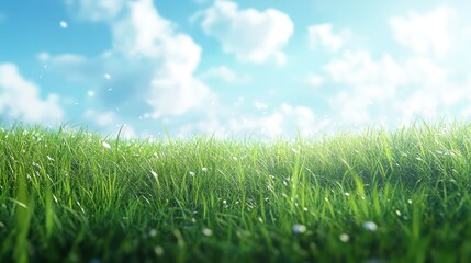 Fototapeta premium Sunny meadow, blue sky, fresh grass, nature background, spring