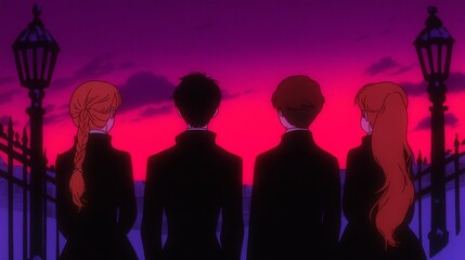 Anime Students Silhouetted Against Sunset Sky