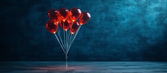 Obraz premium Glowing neon balloons form a heart shape with strings pulled down to the floor, creating a playful and colorful atmosphere, perfect for a romantic or festive event.