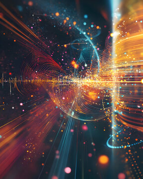 Abstract representation of energy and sound waves in a vibrant digital space.