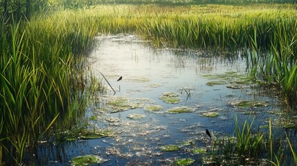 marsh during springtime, where vibrant green shoots emerge from the wet earth, and wildlife such as frogs, birds, and insects abound