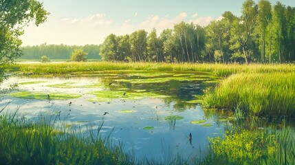 Fototapeta premium marsh during springtime, where vibrant green shoots emerge from the wet earth, and wildlife such as frogs, birds, and insects abound