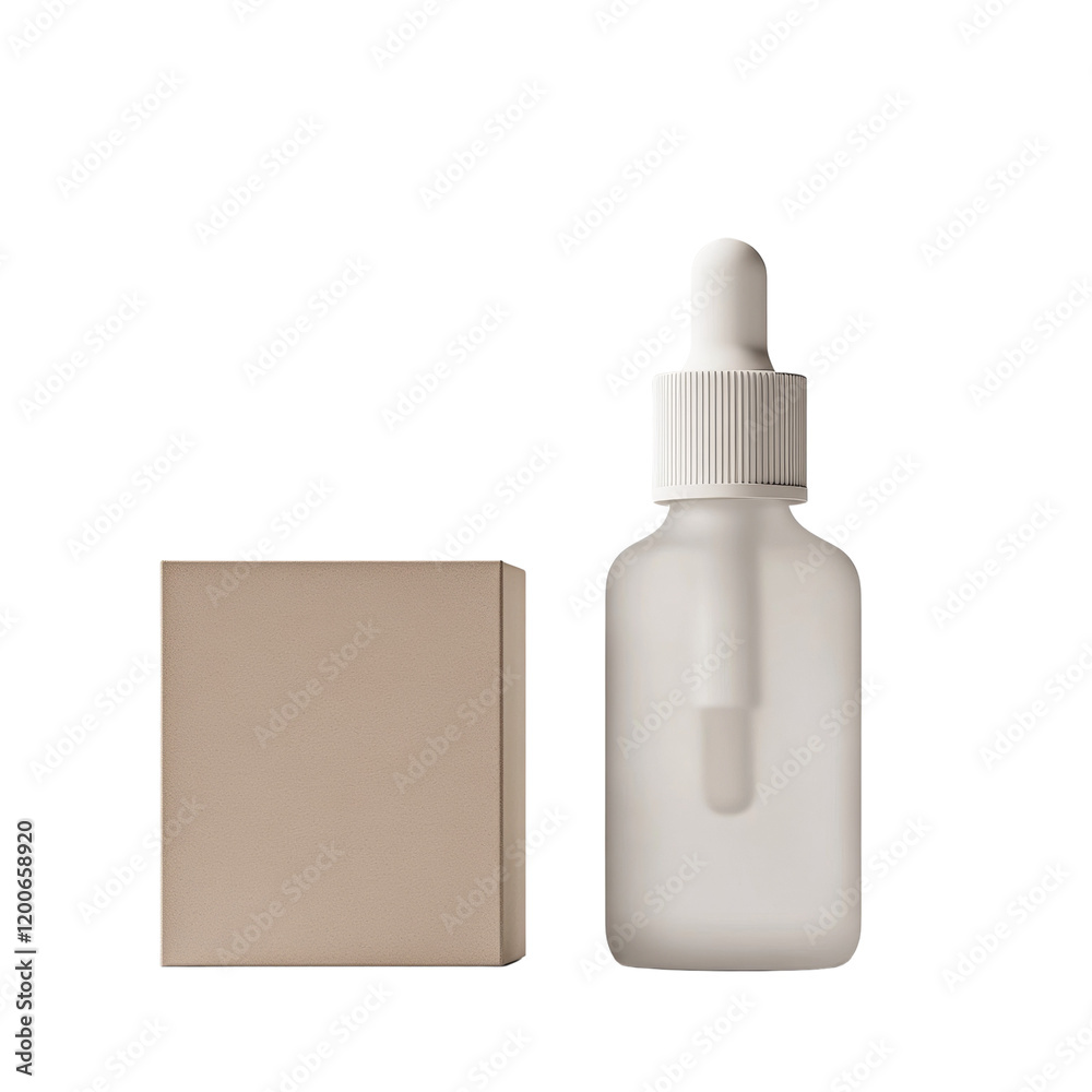 Poster a beige box and a frosted glass dropper bottle are displayed against a white background in a minimal