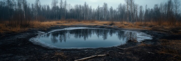 Fototapeta premium Oil lake reflects eerie atmosphere with barren trees in the background during a quiet daylight hour. Generative AI