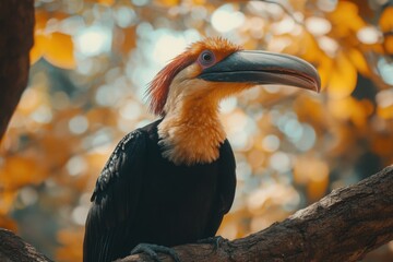 Obraz premium Vibrant Hornbill Perched Among Autumn Leaves in Soft Focus, Showcasing Unique Features and Natural Habitat, Celebrating Wildlife and Nature Photography with Stunning Detail