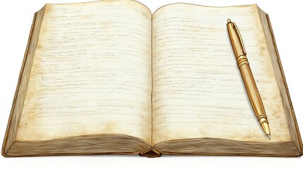 Antique Book Open with Gold Pen Ready to Write