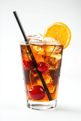 Refreshing glass of iced cola with cherries and orange slice, featuring a black straw, perfect for a cool, sweet beverage moment.