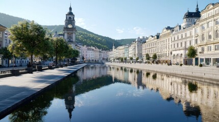 Fototapeta premium Canal-side Cityscape with Reflections