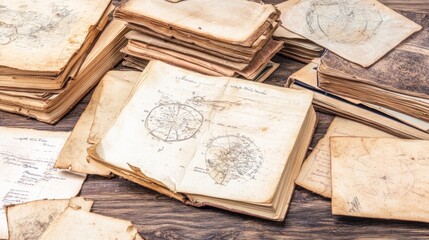 Antique Books and Maps Scattered on Wooden Table