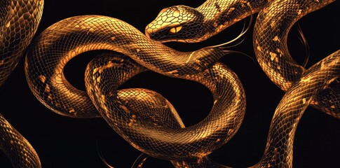 Fototapeta premium Golden Snakes Intricately Woven Together In Darkness
