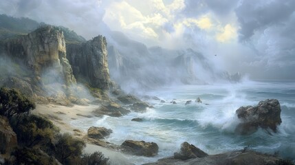 Obraz premium misty coastal cliff view, where the towering rocks meet the foggy ocean, creating an eerie yet beautiful landscape with crashing waves and sparse vegetation