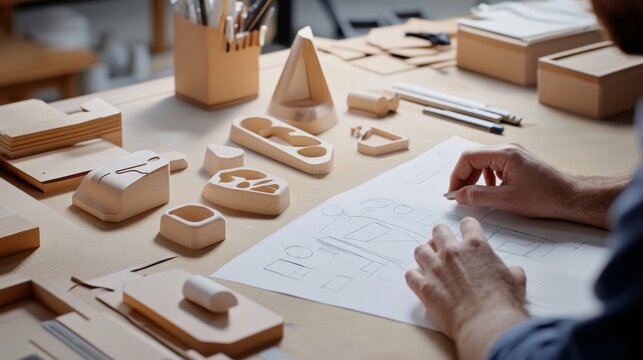 An industrial designer prototyping a new consumer product in a workshop, with design sketches and prototype models on the workbench, Design workshop scene