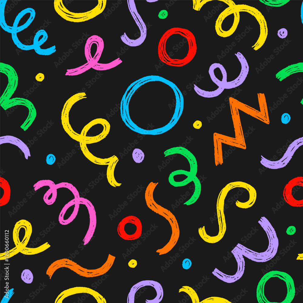 Poster Kid seamless pattern child fun shape squiggle confetti background. Hand drawn color crayon background fun child squiggle shape. Crayon color confetti abstract seamless pattern vector illustration