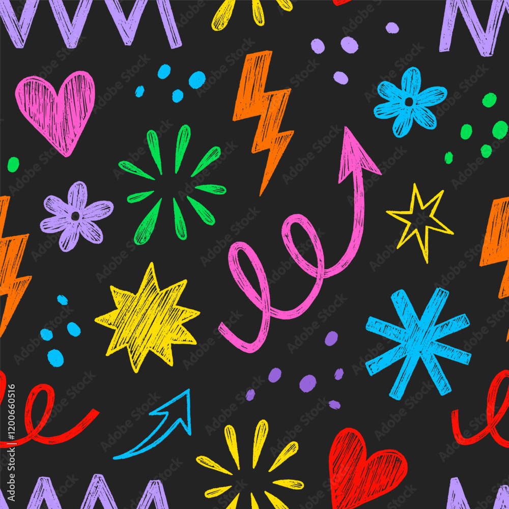 Aufkleber pencil crayon kid seamless pattern child fun shape squiggle confetti background. hand drawn color cr