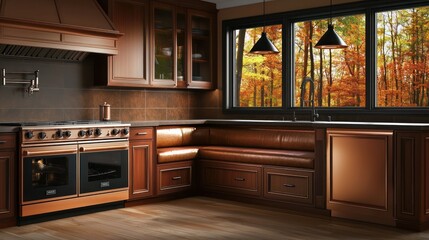 A cozy kitchen featuring mahogany cabinets