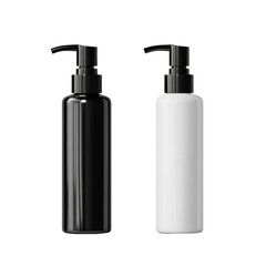 A studio shot shows two cylindrical bottles with black pumps one black and one white against a white background.