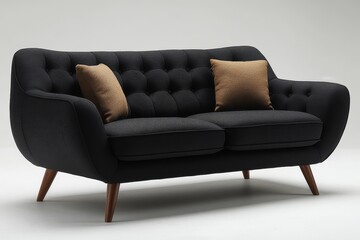 Elegant black fabric sofa with wooden legs, buttoned seat cushion, perfect for modern living spaces, dining areas, or minimalist and bohemian interiors.