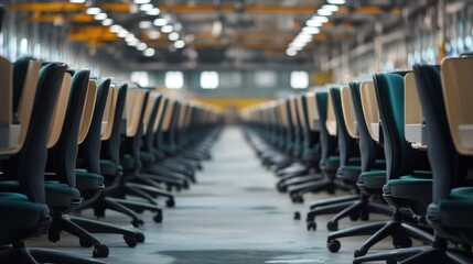 Rows of ergonomic office chairs stand ready in a bright, large workspace