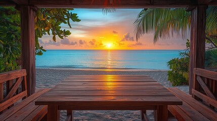 Obraz premium Sunset Beach View From Wooden Gazebo Table