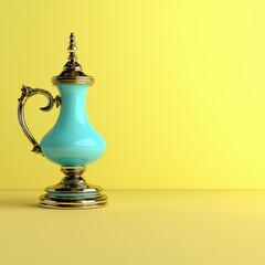Elegant golden and teal ceramic vase on yellow background