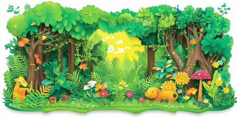A vibrant, jungle scene with lush plants and animals, all set against a clean white background, bringing an artistic and playful touch to nature.