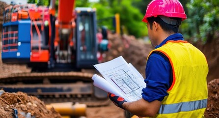 A worker checks construction plans while standing near an excavator on a sunny day