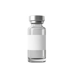 The image shows a single, clear glass vial with a silver cap and a blank white label, set against a white background.