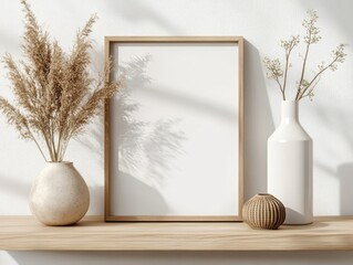 Vertical wooden frame mockup with dried pampas grass and books on warm beige shelf in minimalist Scandinavian interior