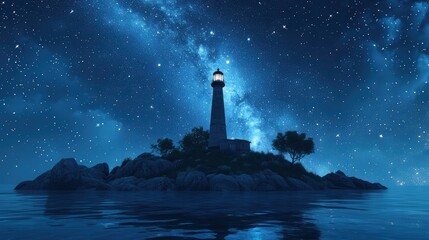 peaceful remote island with a single lighthouse standing tall, guiding ships under a starry night sky filled with constellations