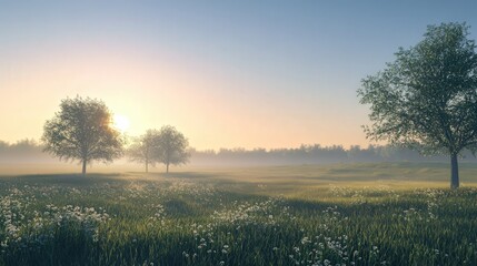 peaceful prairie scene at sunrise, with dew-covered grasses glistening in the early morning light,