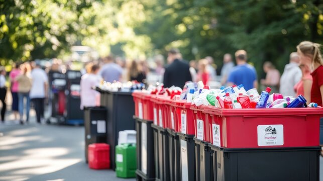 Local residents gather to recycle plastic bottles and containers at a community event outdoors
